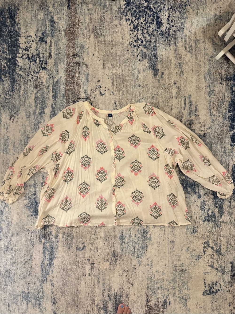 Old Navy Cream Button-Up Blouse with Pink and Gray Floral Print